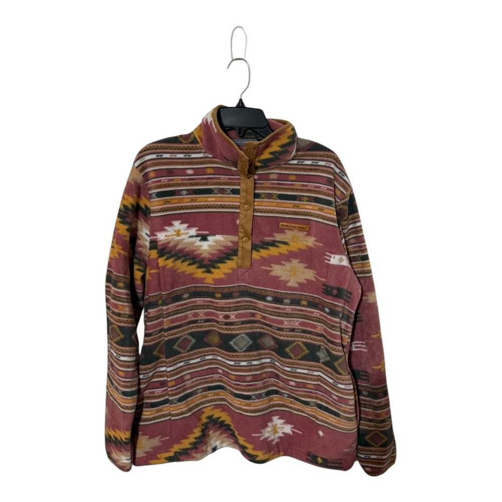 Simply Southern Women Fleece Pullover Southwestern Aztec Snap Mock Neck Pink L
